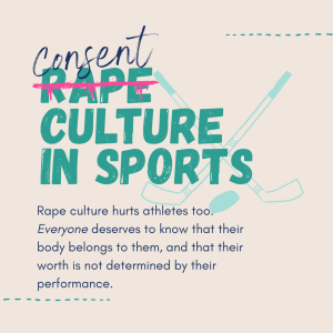 The word Rape is crossed out and the word Consent is above it making a sentence that states consent culture in sports. Image of hockey sticks. 