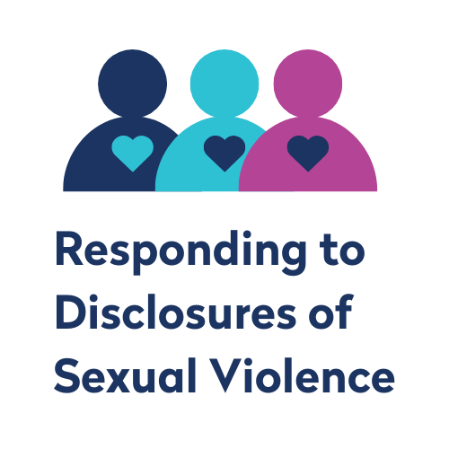 Cartoon images with hearts. Words "Responding to Disclosures of Sexual Violence"